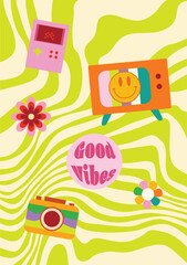 Retro groovy poster 90s style hippie background. 