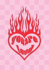 Retro groovy hippie heart in a fire on chess retro background poster print.