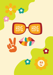 Retro groovy poster 90s style hippie background. 