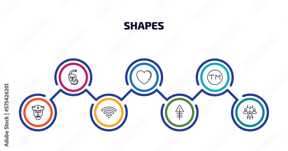 Poster shapes infographic element with outline icons and 7 step or option. shapes icons such as skull and s