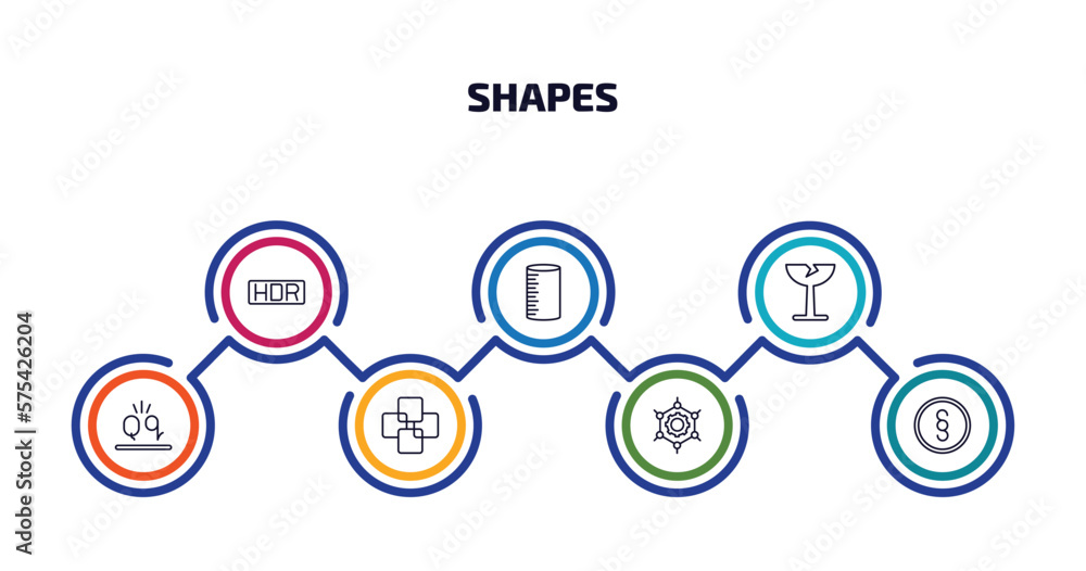 Poster shapes infographic element with outline icons and 7 step or option. shapes icons such as hdr, cylind