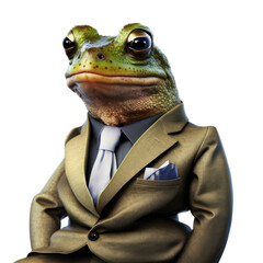 Portrait of a frog dressed in a formal business suit on white background, transparent png, generative ai