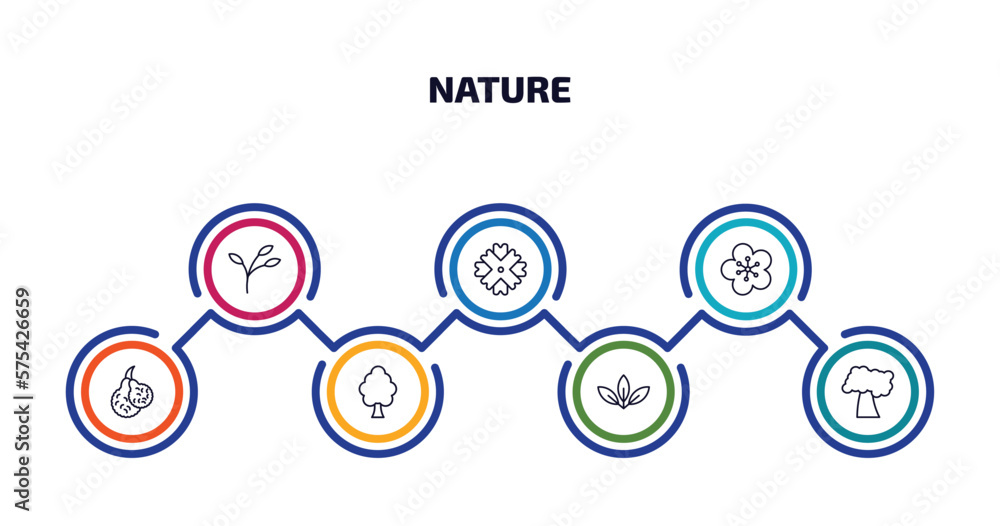 Aufkleber nature infographic element with outline icons and 7 step or option. nature icons such as branch, wed