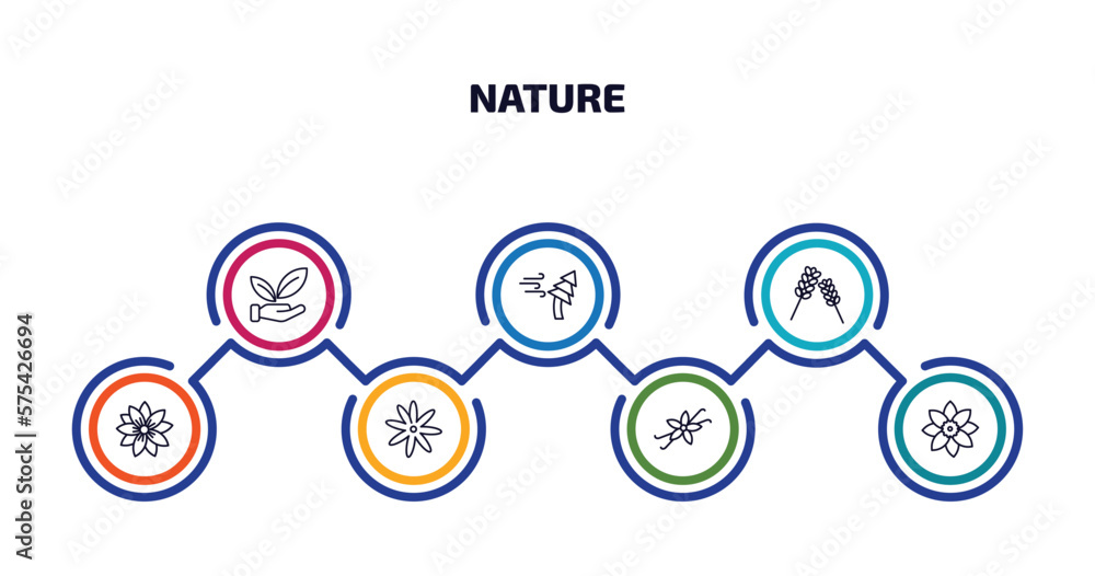 Poster nature infographic element with outline icons and 7 step or option. nature icons such as save nature