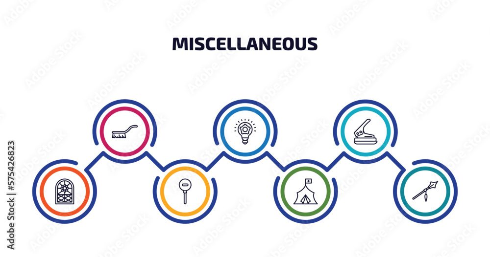 Poster miscellaneous infographic element with outline icons and 7 step or option. miscellaneous icons such 