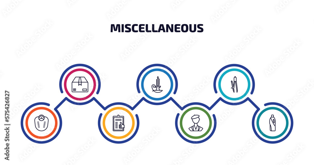 Poster miscellaneous infographic element with outline icons and 7 step or option. miscellaneous icons such 