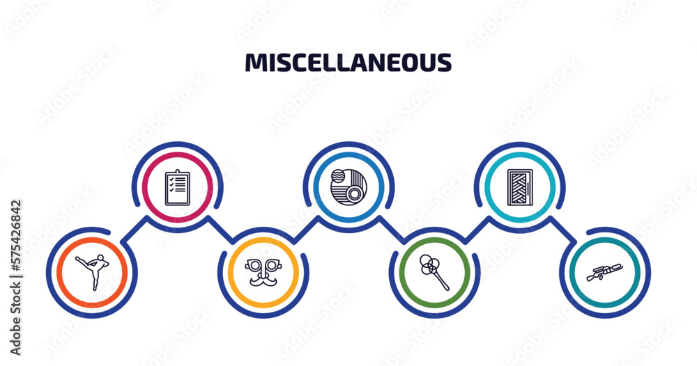 Poster miscellaneous infographic element with outline icons and 7 step or option. miscellaneous icons such 