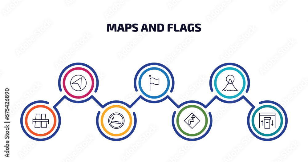 Poster maps and flags infographic element with outline icons and 7 step or option. maps and flags icons suc