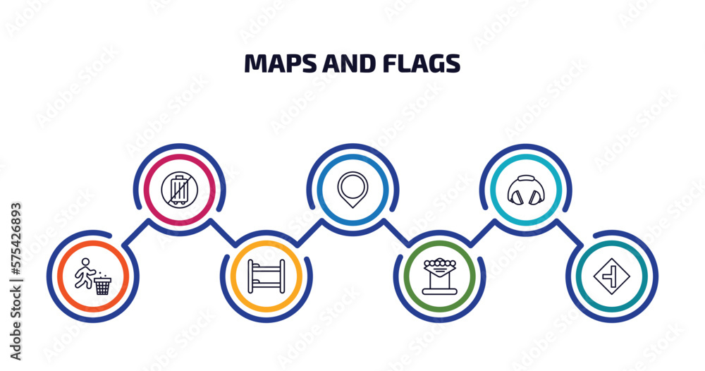Poster maps and flags infographic element with outline icons and 7 step or option. maps and flags icons suc