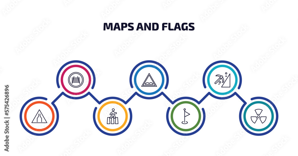 Poster maps and flags infographic element with outline icons and 7 step or option. maps and flags icons suc