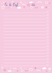 Vector illustration of note page with lines and flowers on pink background. Cute spring every day to do list for women or girls