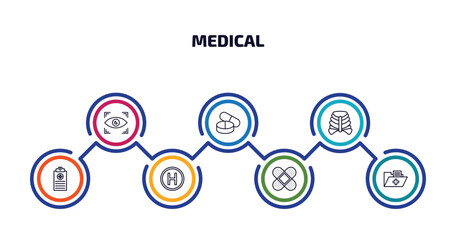 medical infographic element with outline icons and 7 step or option. medical icons such as eye scanner medical, pill, sternum, records, heliport, bandage cross, results folders vector.