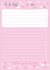 Vector illustration of note pad page with lines and flowers on pink background. Cute spring every day to do list for women or girls