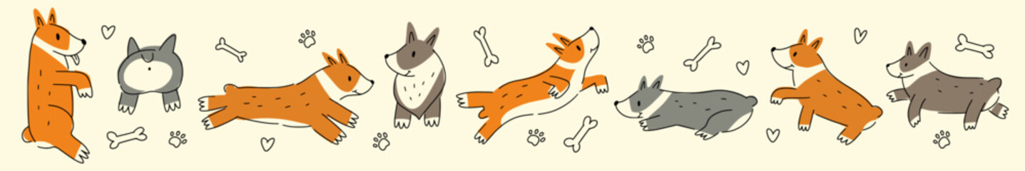 Vector set of corgi breed dogs hand-drawn in doodle style