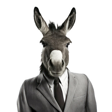 Portrait of a donkey dressed in a formal business suit on white background, transparent png, generative ai