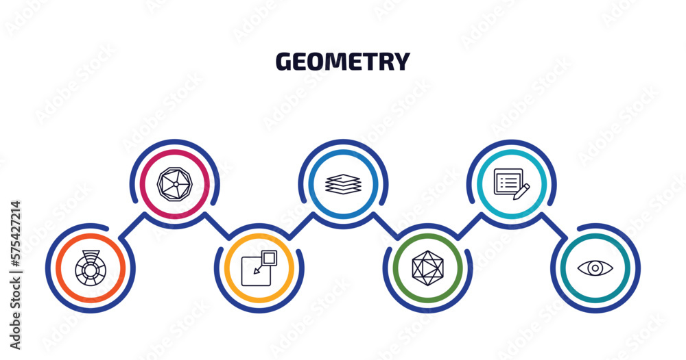 Poster geometry infographic element with outline icons and 7 step or option. geometry icons such as ennegon
