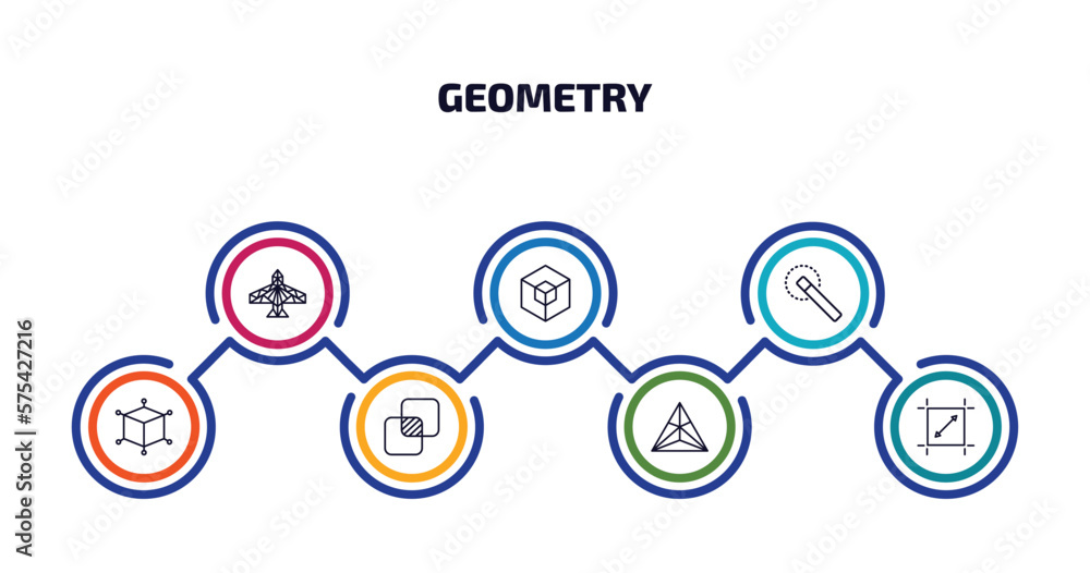 Poster geometry infographic element with outline icons and 7 step or option. geometry icons such as polygon