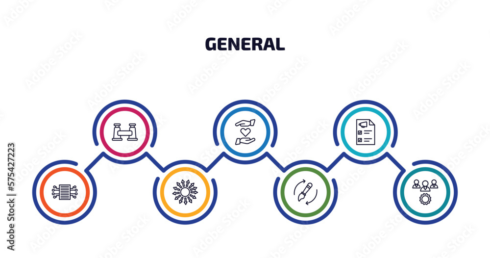 Poster general infographic element with outline icons and 7 step or option. general icons such as pair of b