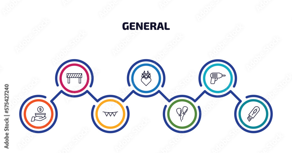 Poster general infographic element with outline icons and 7 step or option. general icons such as traffic b
