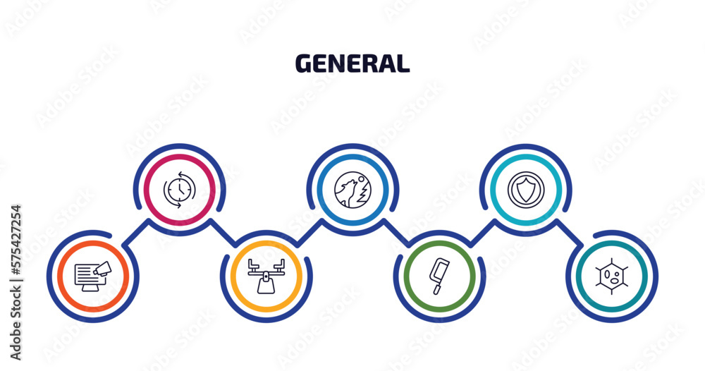 Poster general infographic element with outline icons and 7 step or option. general icons such as rewind ti