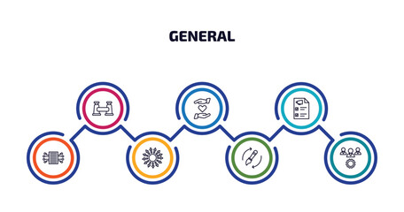 general infographic element with outline icons and 7 step or option. general icons such as pair of binoculars, heart between hands, marketing plan, smart contract, outsourcing, brush history,
