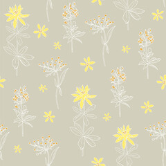 forest herbs, twigs seamless pattern. Wildflowers, summer background, hand drawn ink drawing