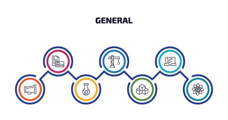general infographic element with outline icons and 7 step or option. general icons such as credit report, building crane, digital strategy, agitation, chemical lab, ar platform, big data scientist