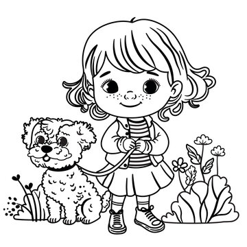 A girl and her dog are standing in a garden. Black and white vector illustration.