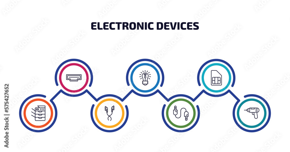 Poster electronic devices infographic element with outline icons and 7 step or option. electronic devices i
