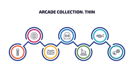 arcade collection. thin infographic element with outline icons and 7 step or option. arcade collection. thin icons such as eight ball, ghost, soprano, hopscotch, handheld game, swan boat, sports