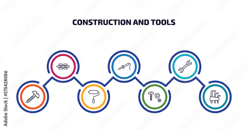 Poster construction and tools infographic element with outline icons and 7 step or option. construction and