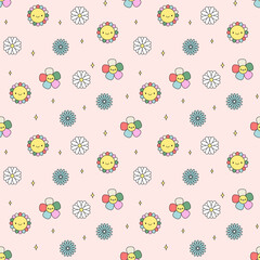 Retro groovy seamless pattern in trendy cartoon style. Backgroung for package, social media, textile, wallpaper, wrapping paper