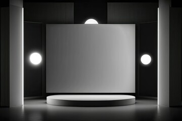 There is no one on stage. Visual presentation and corporate branding mockup design. Elevated pieces in the lobby. Graphical Resources System Blank Screen. Staging a scene at night with a led light sho