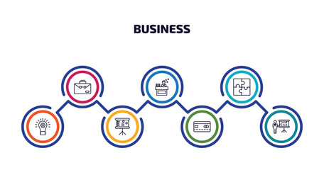 business infographic element with outline icons and 7 step or option. business icons such as business, sleepy worker at work, puzzle game piece, strategic, graphic panel, bank card, graphic panel