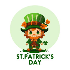 Postcard Happy St. Patrick's Day. Cute beautiful leprechaun with clover for luck in cartoon style. Dwarf. Colorful banner, logo, signboard, emblem. Vector