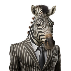 Fototapeta Portrait of a zebra dressed in a formal business suit on white background, transparent png, generative ai obraz