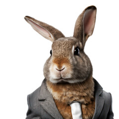 Obraz premium Portrait of a rabbit dressed in a formal business suit on white background, transparent png, generative ai