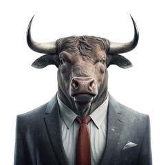 Fototapeta na wymiar Portrait of a bull dressed in a formal business suit on white background, transparent png, generative ai