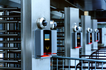 People pass system with metal turnstiles, cameras and card readers