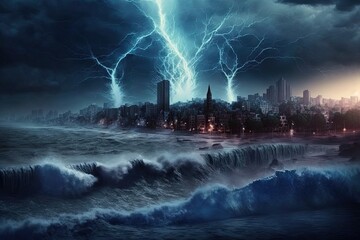 Post apocalyptic landscape with storm, lightning, lightning, waves and city, night scene. Generative AI