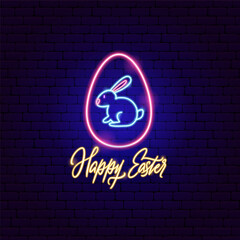 Happy Easter Egg Bunny Neon Label. Vector Illustration of Spring Christianity Religion Holiday Glowing Led Electric Light.