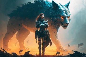 female warrior standing next to huge wolf what's next created with Generative AI technology