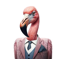 Fototapeta Portrait of a flamingo dressed in a formal business suit on white background, transparent png, generative ai obraz