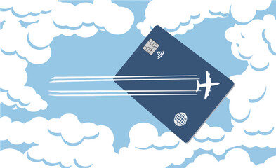 The image of an airliner leaves a contrail design across the face of an air miles reward credit card in this illustration about perks for air travelers.