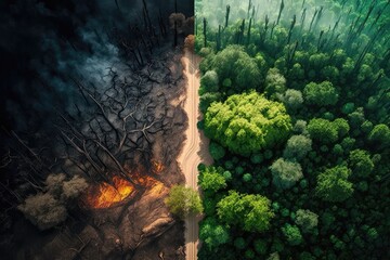 Deforest environmental problem, aerial split image from above top view,logging of rain forest, created with Generative AI
