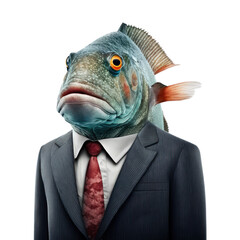Fototapeta Portrait of a fish dressed in a formal business suit on white background, transparent png, generative ai obraz