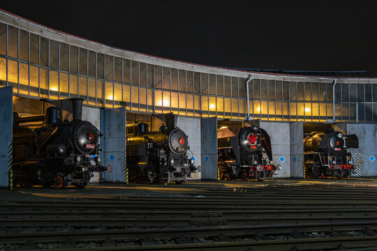 night still life of resting steam engines