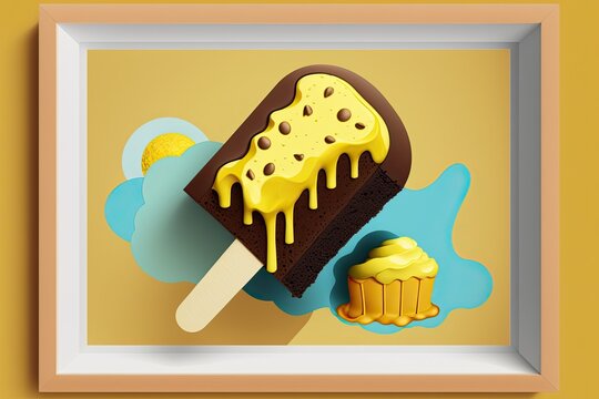 Artistic desserts. Popsicle shaped brownie cake, framed in gold, set against a sunny yellow background. Generative AI
