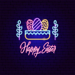 Happy Easter Eggs Basket Neon Label. Vector Illustration of Spring Christianity Religion Holiday Glowing Led Electric Light.