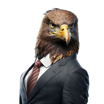 Portrait of a eagle dressed in a formal business suit on white background, transparent png, generative ai